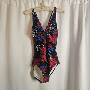 ANNE COLE Collection One‎ Piece Swimsuit Size 8 Black Red Floral Beach
